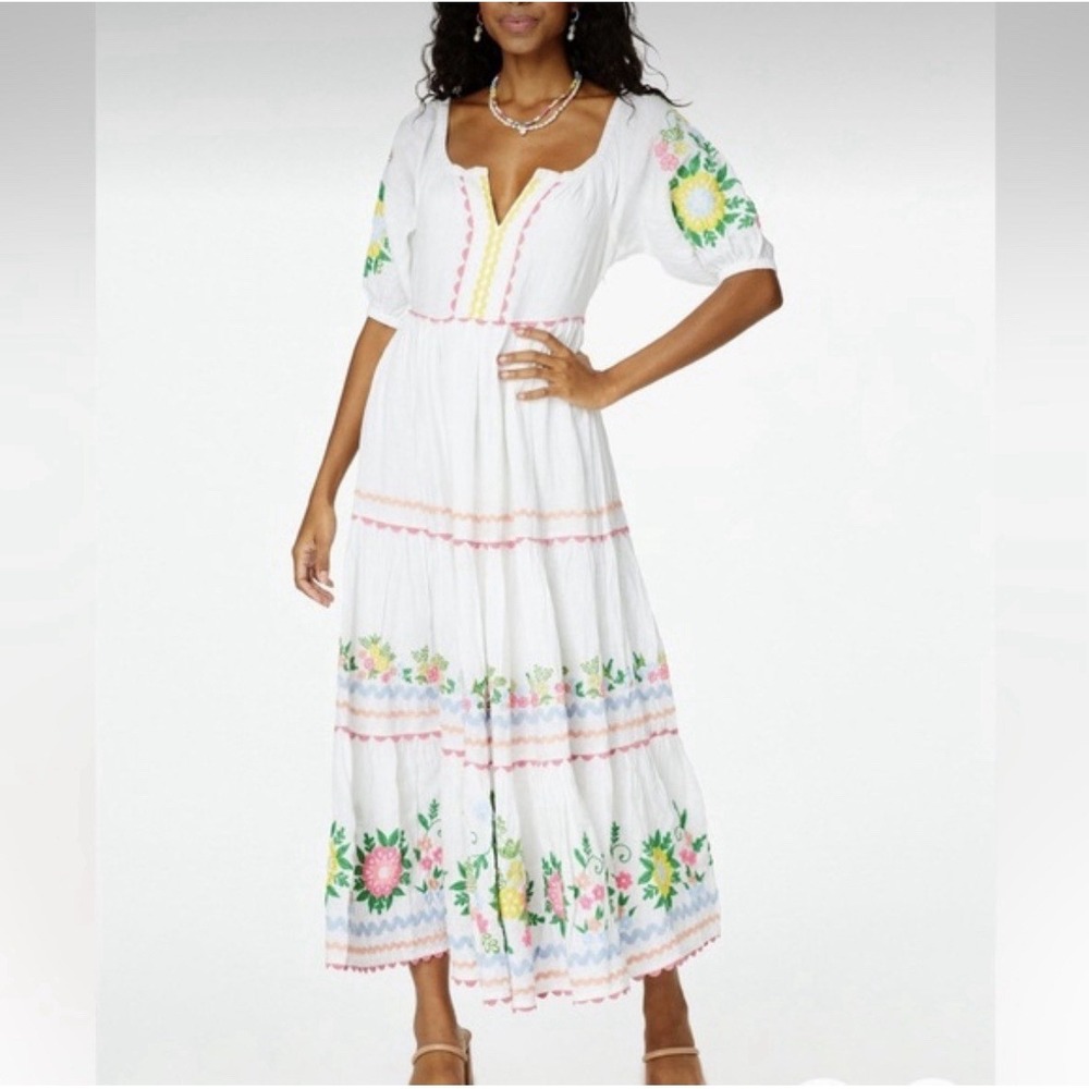 Roller Rabbit Embroidered Maxi Dress XL 100% Linen Maxi Lined Floral NWT #RR-30
